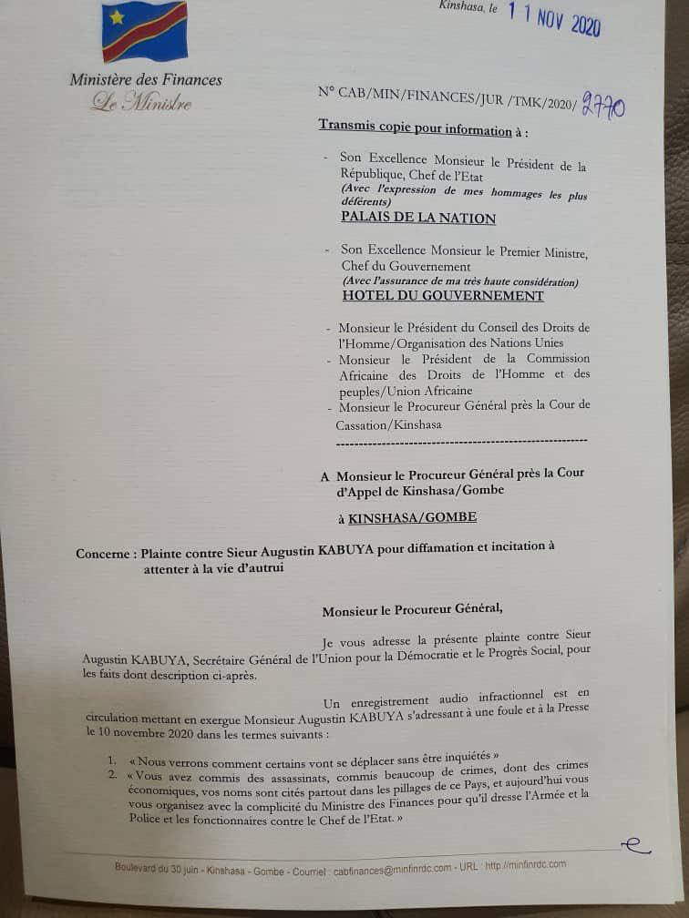 Lettre du ministre des finances Sele Yalaghuli,